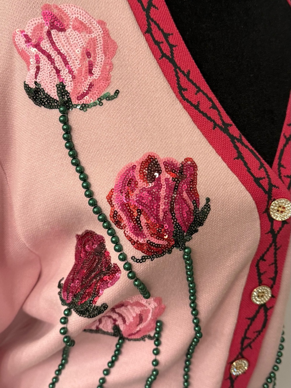 QUEEN OF SPARKLES Long Stem Roses Pink Floral Button Cardigan - Picture 10 of 12
